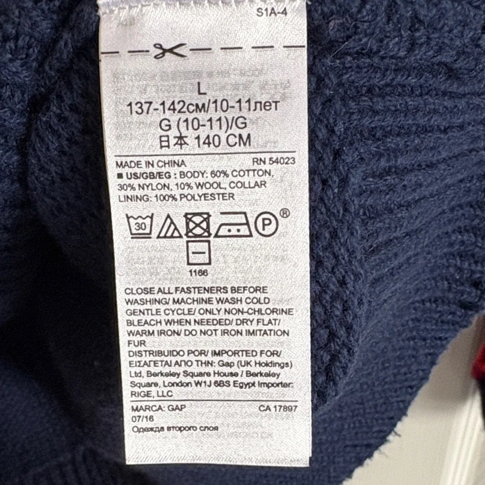 GAP Kids Red & Navy Patterned Long Sleeve Sweater Fleece Lined Collar Size L/10